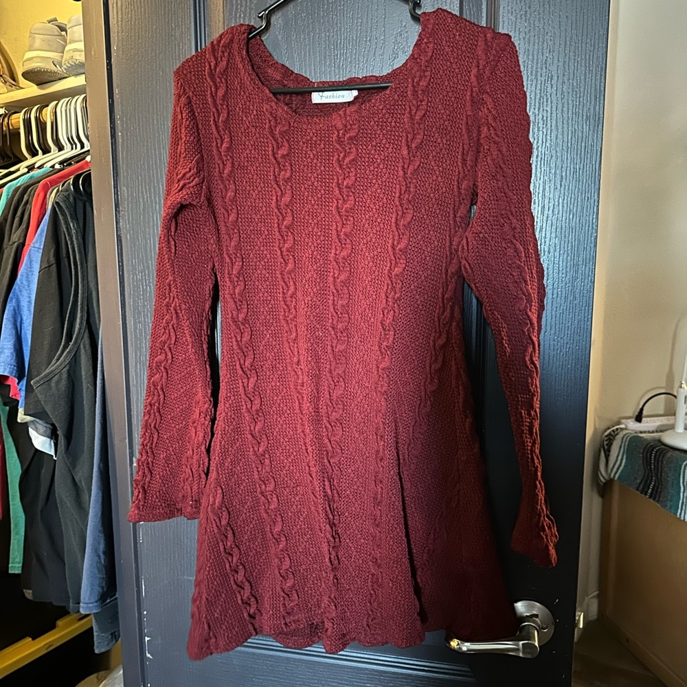 Cable Knit Long Sleeve Sweater Dress - Burgundy